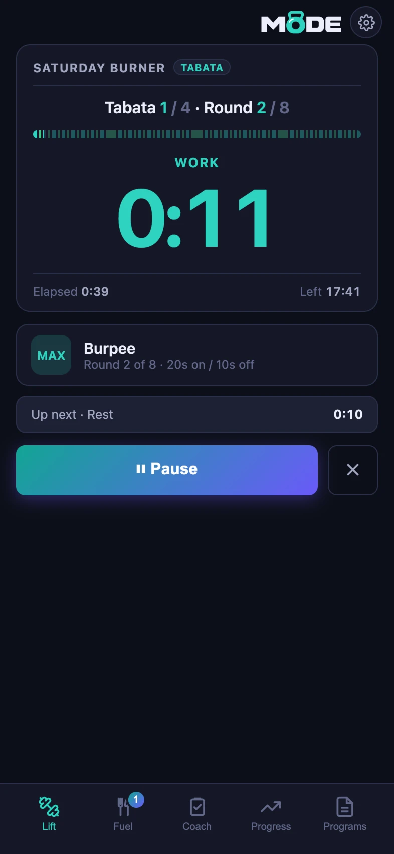 MODE hiit run screen