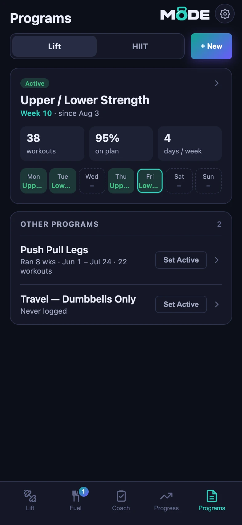 MODE programs screen