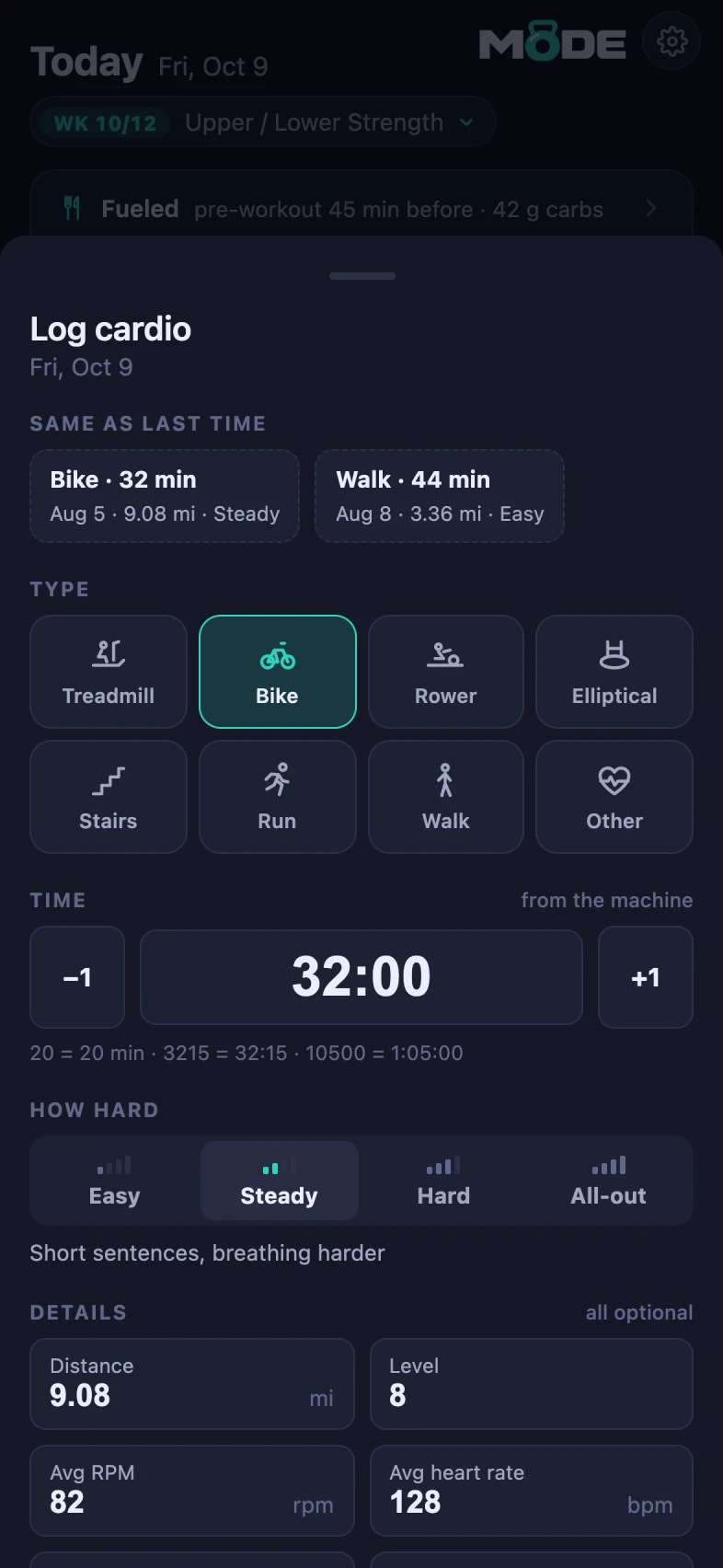 MODE cardio screen