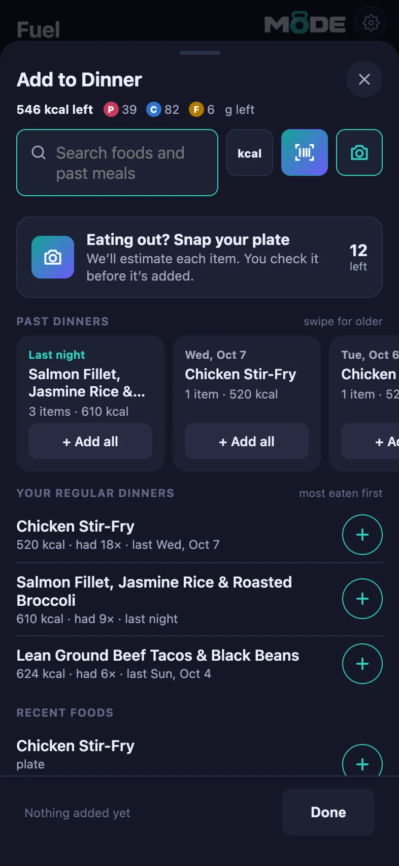 MODE fuel add screen