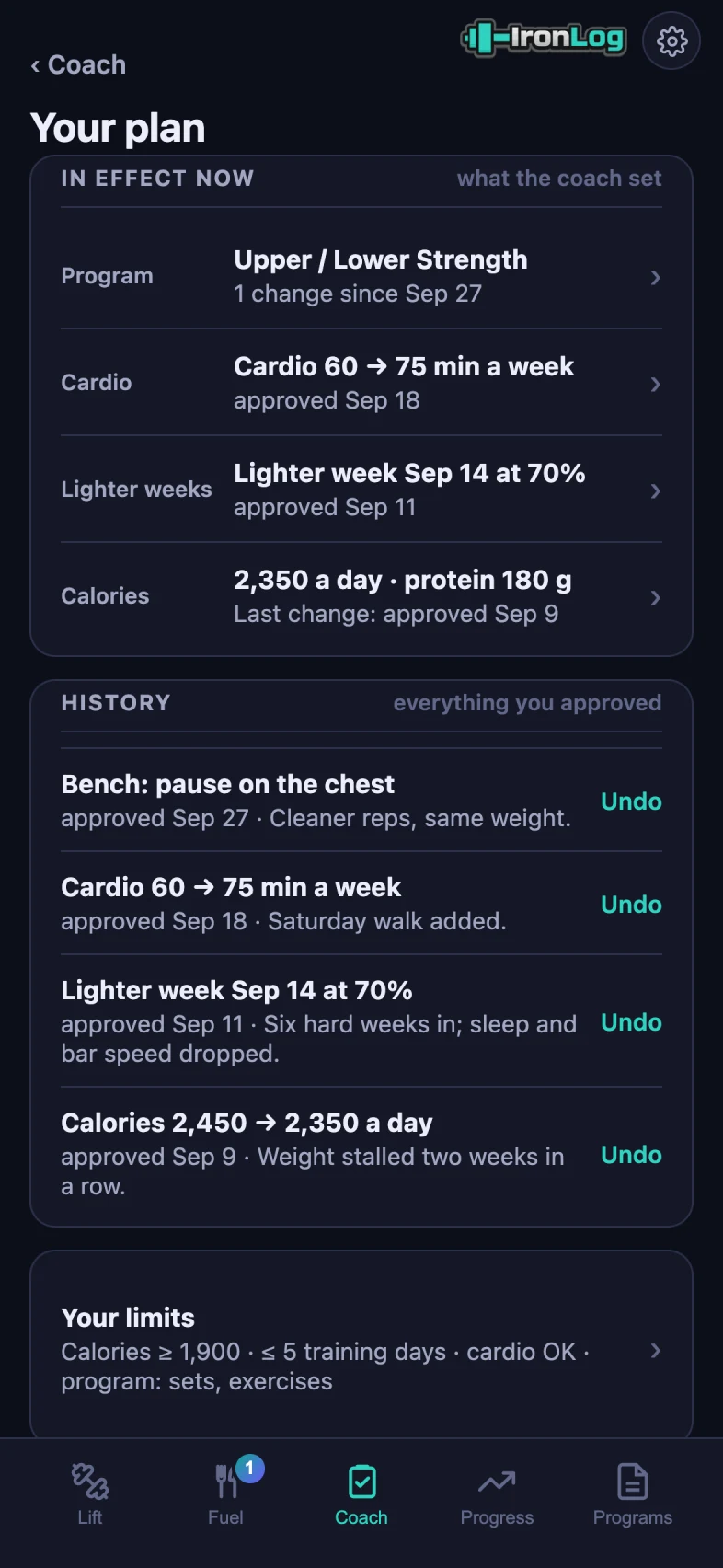 MODE coach plan screen